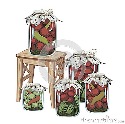 Composition with preparations for the winter. vintage jars with canned vegetables, cucumbers, green tomatoes, red tomatoes Cartoon Illustration